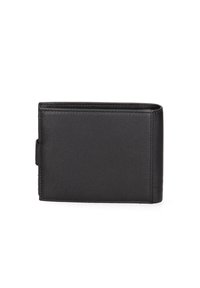 Portafoglio in pelle nera con una texture liscia, design a due pieghe e forma rettangolare compatta. Presenta cuciture sottili e una linguetta laterale.