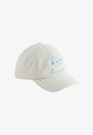 Cream baseball cap with light blue stripes and a smiling, embroidered seashell with red cheeks on the front panel.