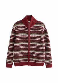Knit cardigan with a high collar, featuring a zip closure. Red, brown, and cream pattern with horizontal stripes and geometric designs.
