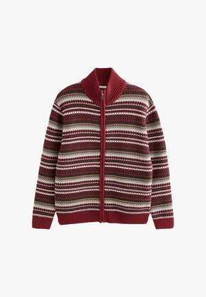 Cardigan lavorato a maglia con colletto alto, dotato di chiusura con zip. Motivo rosso, marrone e crema con strisce orizzontali e design geometrico.
