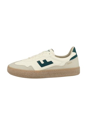 White leather sneaker with blue accent logo; rounded toe, textured cream rubber sole, padded collar, and contrasting green heel detail.