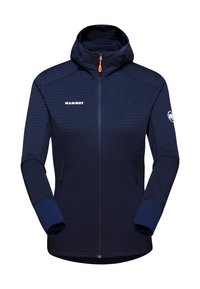 Navy Mammut jacket made of softshell material, featuring a full zip, hood, and zippered side pockets; textured design with orange accents.