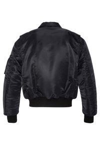 Veste aviateur noire en nylon brillant, avec des poignets et un ourlet côtelés, un col structuré et une texture lisse et élégante.