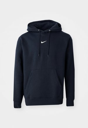 Navy blue hoodie made of cotton blend fabric, featuring a kangaroo pocket, drawstring hood, and a white Nike logo on the chest.