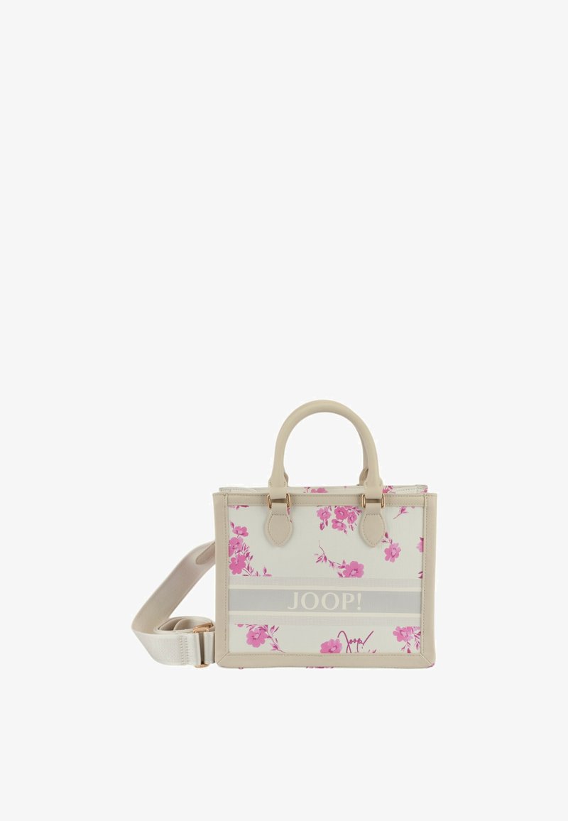 Witte handtas met roze bloemenpatronen, twee bovenhandvatten en een afneembare schouderriem. Gaccentueerd met gouden hardware en een logo-detail.