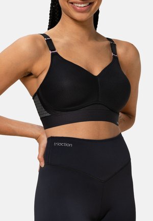 Schwarzer Sport-BH mit strukturiertem Mesh-Design. Verfügt über verstellbare Träger mit einem rosa Akzent und ein glattes Unterband.