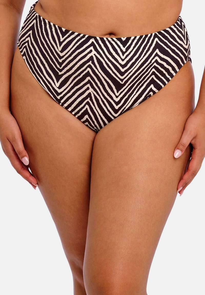 Korkean vyötärön uimapohja mustana ja kermanvärisenä, jossa on sahalaitakuvio, sileä pinta ja minimalistinen muotoilu.