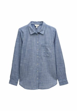 Button-up shirt in blue and white check pattern, long sleeves, chest pocket, and classic collar made of lightweight, textured fabric.