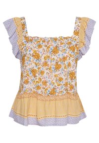 Top de peplum floral con estampados en amarillo, azul y blanco. Cuenta con mangas con volantes, corsé fruncido y dobladillo texturizado. Detalles de acento en las costuras.