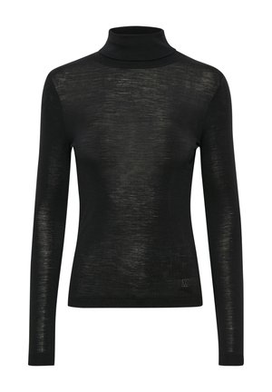 Črni pulover s turtleneck iz lahke, polprosojne tkanine. Dolgi rokavi, prilegajoč dizajn, z majhnim logotipom na robu.