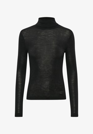 Must mustriga, kerge ja poolläbipaistev kanga. Pikad varrukad, keha peal istuv disain ja väike logo rõhutus alläärtes.