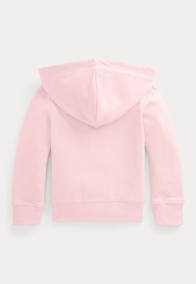 Hoodie de algodão rosa claro com um bolso canguru frontal, mangas longas e capuz forrado. Design simples com punhos e bainha canelados.
