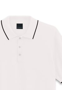 Weißes Poloshirt mit einem schwarz gestreiften Kragen, dreiknöpfiger Verschluss und einem weichen, strukturierten Stoff. Das Etikett zeigt "bugatti".