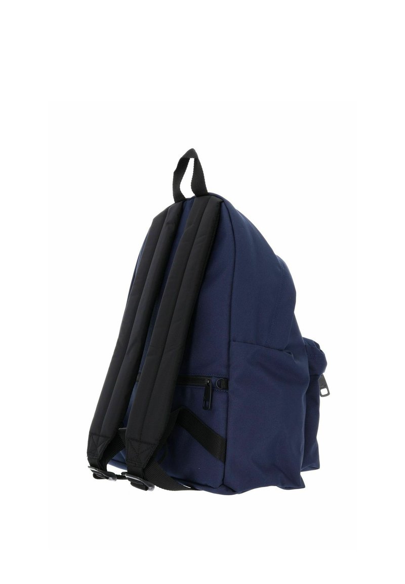Navy blue backpack with black padded shoulder straps, front zippered pocket, and top carrying handle on white background.