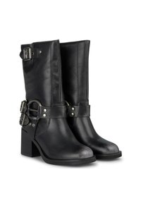 Schwarze Lederstiefeletten mit runder Zehenform, mittelhohem Blockabsatz und silbernen Schnallen und Akzenten. Glatte Textur mit markanten Riemen.