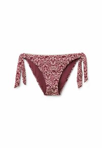 Parte inferior de bikini color burdeos con un estampado floral, con lazos a los lados. Textura suave, diseño de altura media, forro interior en color contrastante.