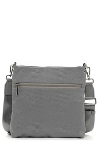 Borsa a tracolla grigia con texture, tasca frontale con zip, tracolla regolabile e fermagli in metallo argentato su sfondo bianco.