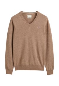 Brauner V-Ausschnitt-Pullover aus weichem, strukturiertem Stoff. Verfügt über gerippte Bündchen und Saum, mit einem kleinen Logo, das auf der Brust gestickt ist.