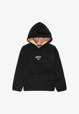 Sort fleece hættetrøje med kengurulomme og et mønstret brunt indre for. Broderet "ROXY" logo på forsiden.