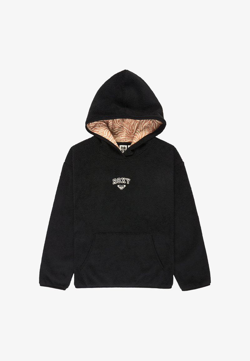 Čierna flísová mikina s kapucňou, ktorá má klokanie vrecko a vzorované hnedé vnútorné podšívku. Vyšitý logo "ROXY" na prednej strane.