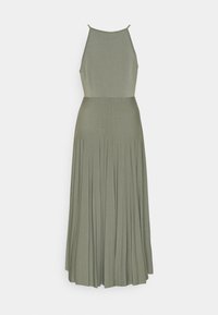 Olivgrön maxiklänning med figursydd överdel, justerbara spaghettiband och en veckad kjol som når ner till anklarna. Slät tygtextur.