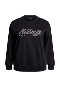 Black sweatshirt with ribbed cuffs and hem, featuring white embroidered "No Limits" text across the chest on a smooth, soft fabric.