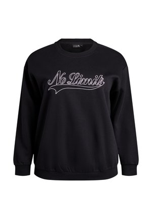 Sort sweatshirt med ribbede manchetter og kant, der pryder teksten "No Limits" broderet i hvid over brystet på et glat, blødt stof.