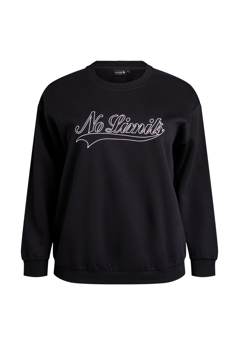 Black sweatshirt with ribbed cuffs and hem, featuring white embroidered "No Limits" text across the chest on a smooth, soft fabric.