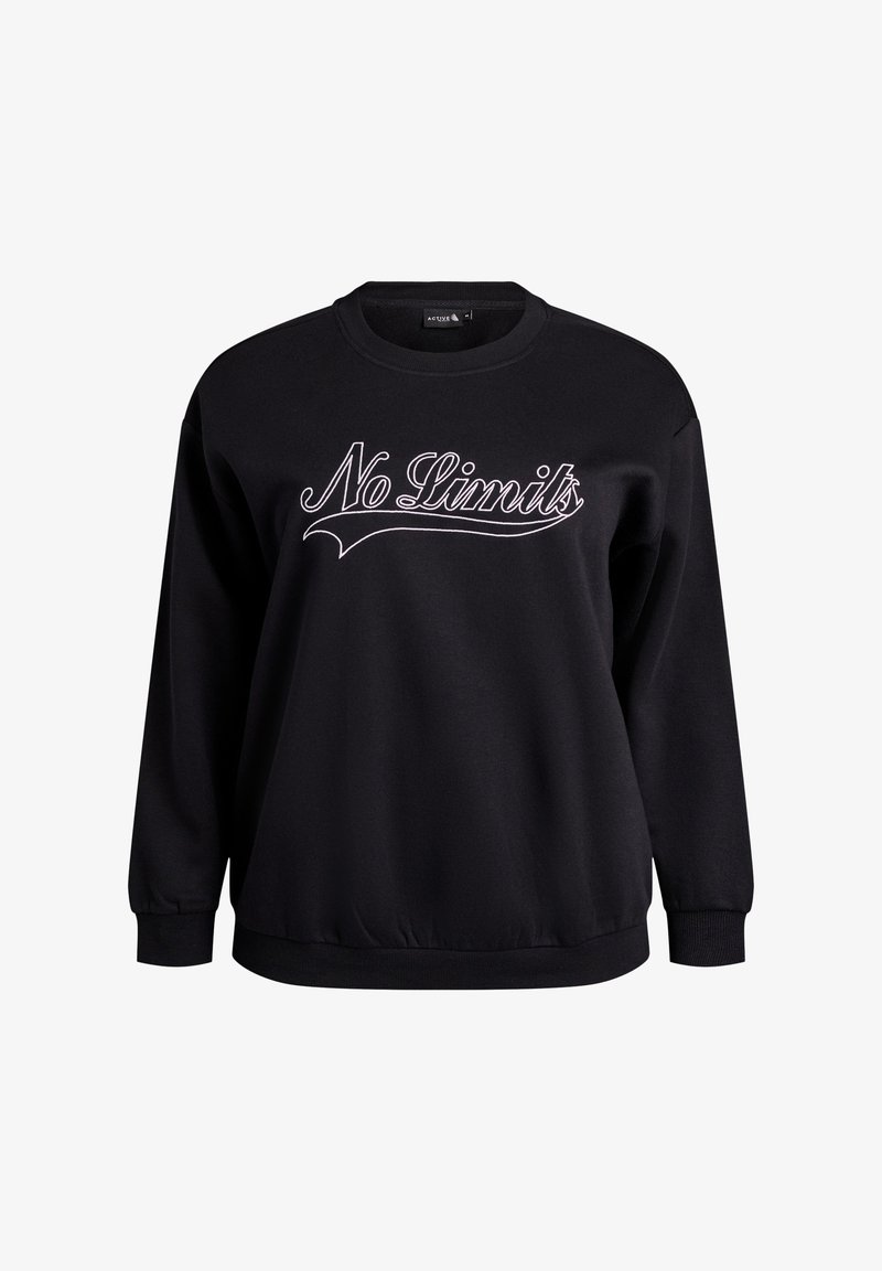 Black sweatshirt with ribbed cuffs and hem, featuring white embroidered "No Limits" text across the chest on a smooth, soft fabric.