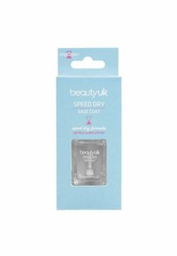 Tydlig glasflaska med baslack för naglar i blå förpackning, med rosa grafik och text som indikerar "Snabbtorkande" och produktinformation.