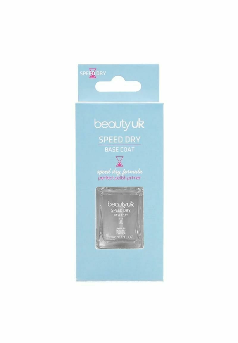 Tydlig glasflaska med baslack för naglar i blå förpackning, med rosa grafik och text som indikerar "Snabbtorkande" och produktinformation.