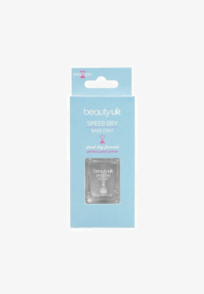 Tydlig glasflaska med baslack för naglar i blå förpackning, med rosa grafik och text som indikerar "Snabbtorkande" och produktinformation.