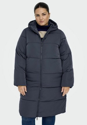 Dunkelgraue Steppjacke mit Kapuze, ausgestattet mit einem durchgehenden Reißverschluss, kastiger Form und gestepptem Futter. Texturierte Oberfläche und knielange Passform.