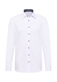 Witte lange mouwen shirt met contrasterende blauwe gemusterde kraag, bruine knopen aan de voorkant en een gladde stof structuur.