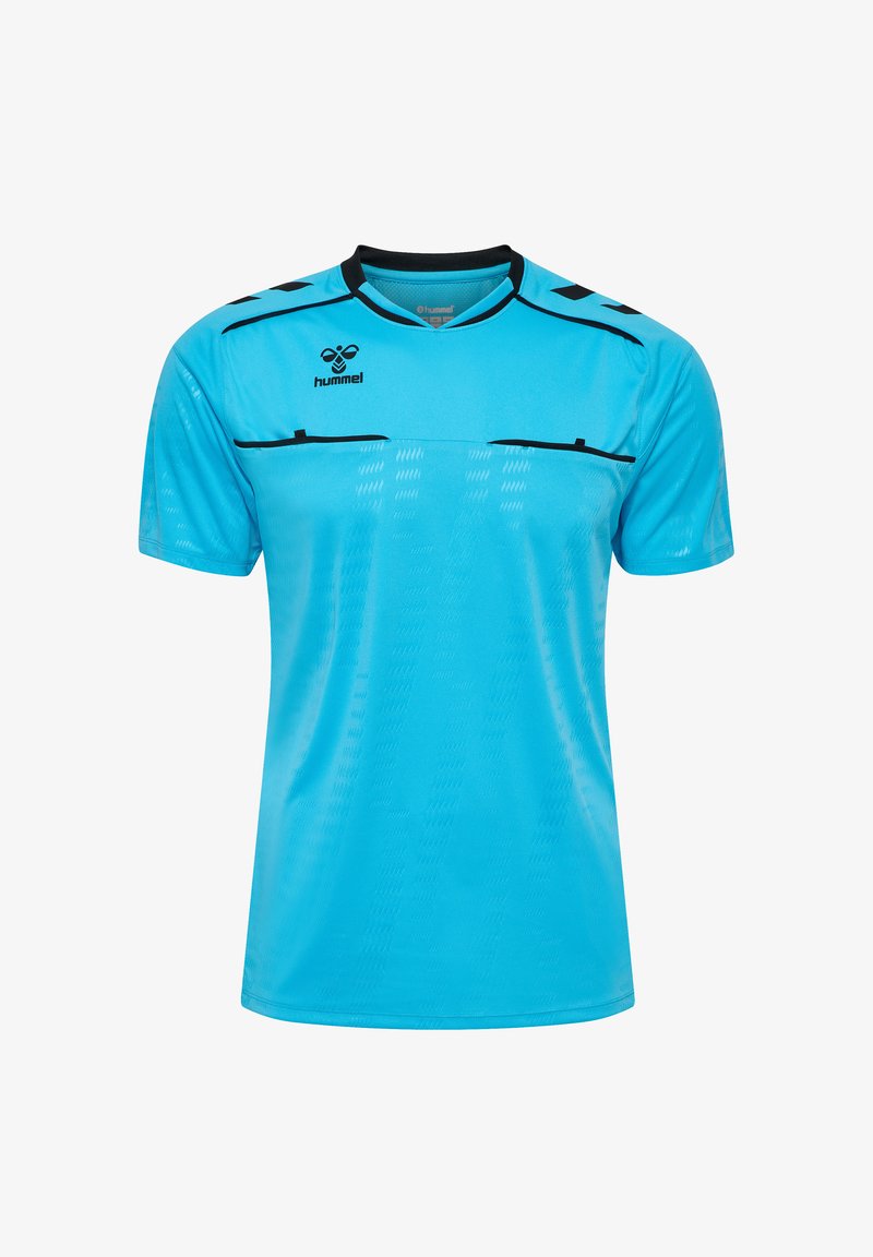 Lysblå sportsjersey med sorte accenter, korte ærmer, rund halsudskæring, der har strukturerede mønstre og brandlogo på forsiden.