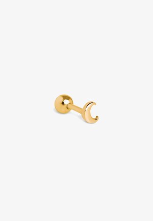 Ørestik i guldfarvet metal med rund kugleformet ende og en halvmåneformet detalje. Glat tekstur med en poleret finish.