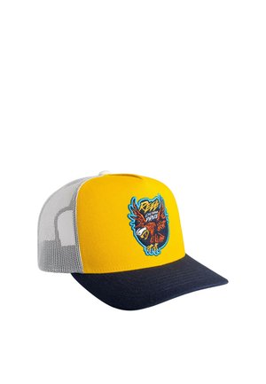 Yellow and white mesh trucker cap with navy blue brim and embroidered eagle patch with blue outline on front panel.