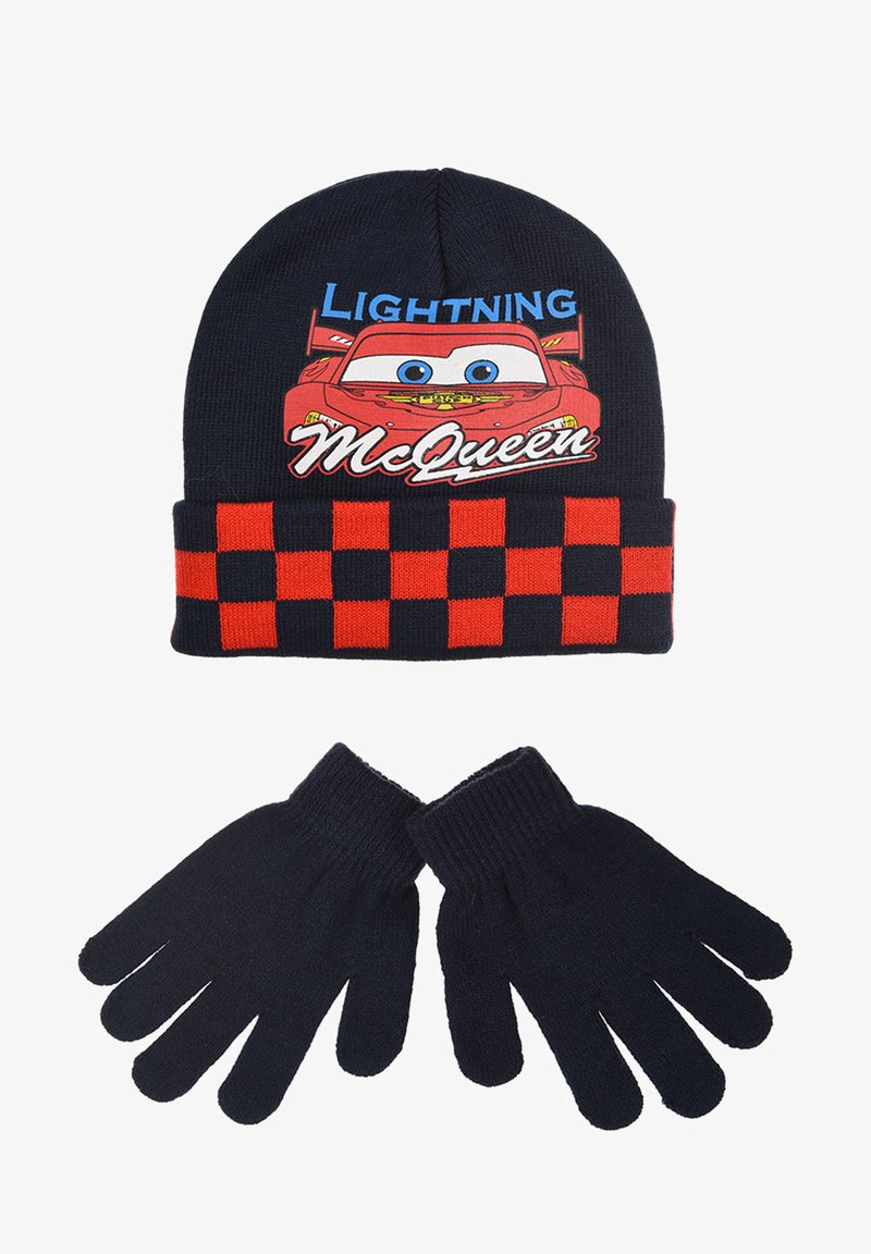 Knit black beanie with Lightning McQueen graphic and red checkerboard pattern; paired with dark gloves featuring ribbed cuffs.