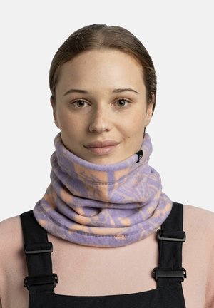 Fleece neck gaiter in lavender with an abstract orange pattern; soft texture, circular design, and secured by a small label.
