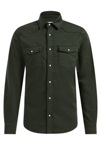 Camisa de manga larga verde oscuro con cuello puntiagudo, dos bolsillos en el pecho y cierres a presión. Tela suave con una textura ligeramente rugosa.