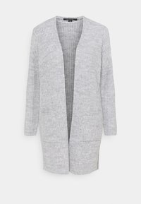 Długi szary dziergany kardigan z otwartym przodem, dwoma przednimi kieszeniami i długimi rękawami, prezentowany na białym tle.