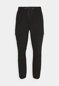 Černé cargo kalhoty s elastickým pasem, stahovací šňůrkou a bočními kapsami. Vyrobené z odolné látky s hladkým povrchem.