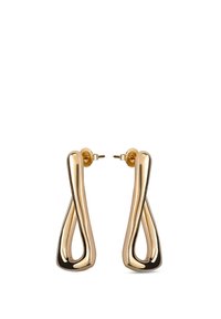 Pendientes de metal tono dorado con un diseño curvo y retorcido; acabado pulido con textura suave; cierre de tuerca para un uso seguro.