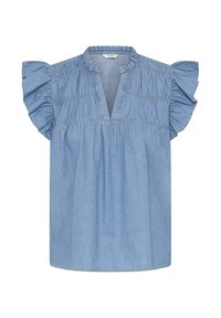 Hellblaue Denim-Bluse mit kurzen, gerafften Volantärmeln, einem gerafften Einsatz und einem V-Ausschnitt mit kurzem Stehkragen.