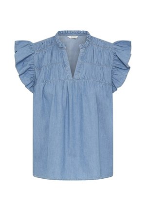 Lichtblauw denim blouse met gerimpelde korte mouwen, geplooid schootsdeel en een V-hals met een korte opstaande kraag.