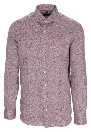 Langärmliges Hemd mit Knopfleiste, kleinem roten und blauen Blumenmuster und verbreitetem Kragen, dargestellt auf weißem Hintergrund.