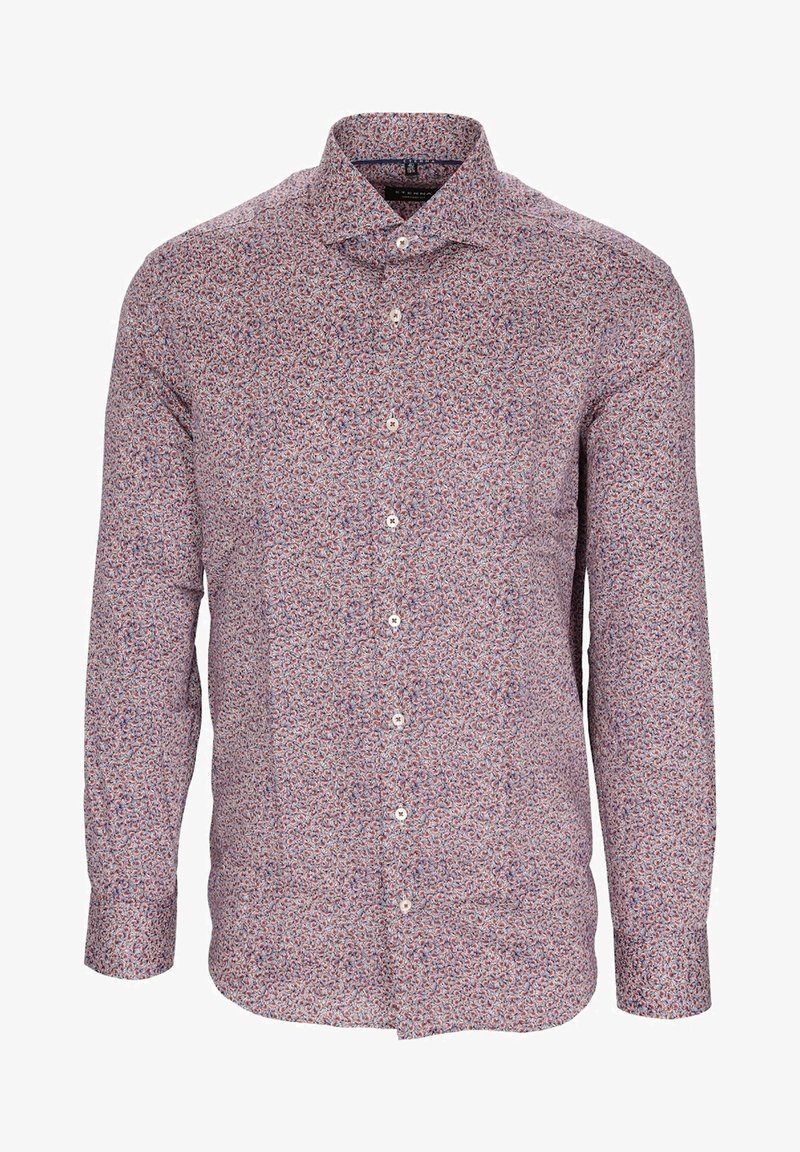 Chemise à manches longues boutonnée avec petit motif floral rouge et bleu et col déployé, présentée sur un fond blanc.