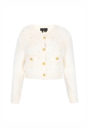 Witte nep bont korte cardigan met lange mouwen, voorzien van gouden knopen en verspreide rhinestone accenten. Soepele textuur en eenvoudig ontwerp.