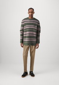 Gestreifter Pullover aus einem Wollmix in Grün und Pink, mit Rundhalsausschnitt und langen Ärmeln. Kombiniert mit beigen Hosen und schwarzen Schnürschuhen.