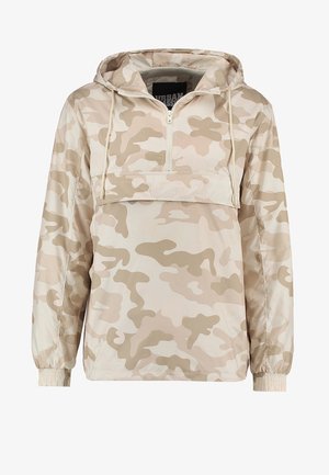 Beige camo genserjakke med halvlukking, snorhette, elastiske mansjetter og kengurulomme foran. Glatt, lett stoff.